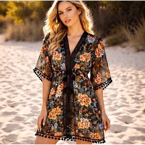 Floral Kimono Swim Cover Up Black Crochet Pom Pom Tassel NWT Boho Beach Vacation